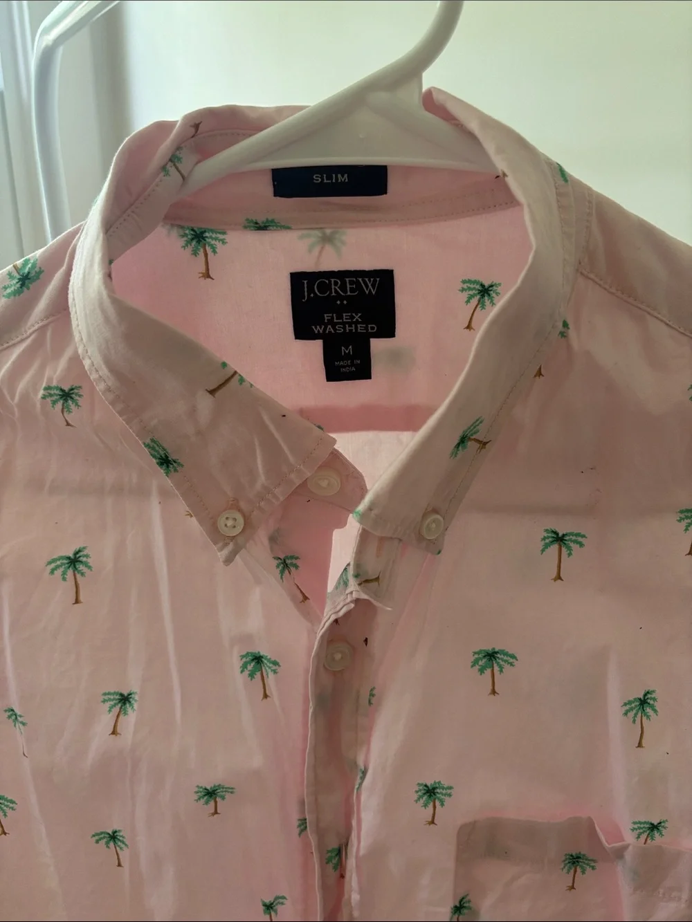 J. Crew Pink Short-Sleeve Button-Down with Green Palm Print